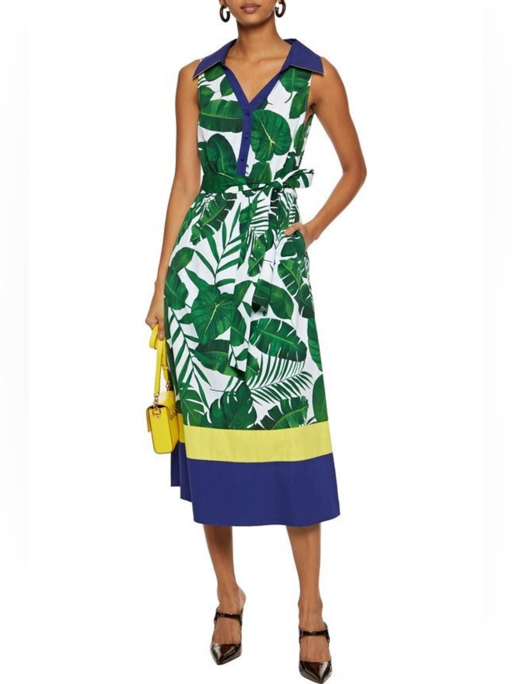 Alice + Olivia Margot Belted Tropical Leaf Cotton Poplin Midi Dress Size 10